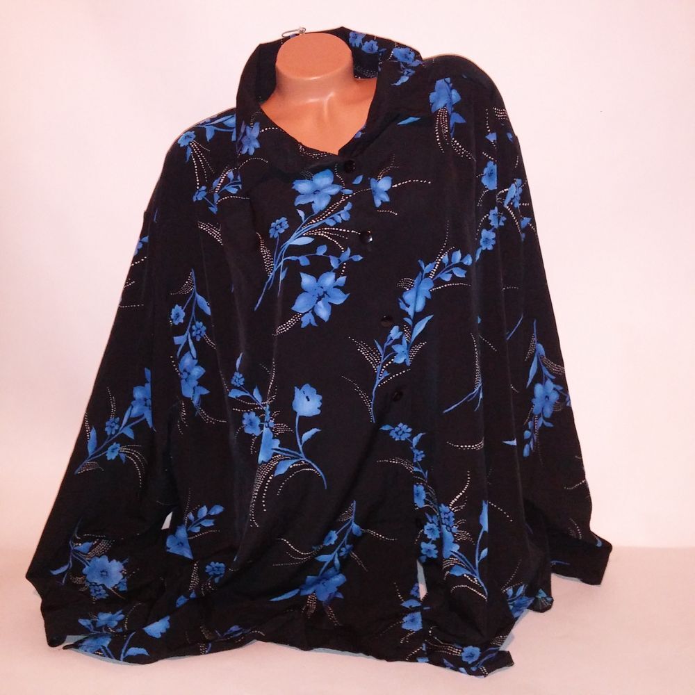C.S.T. Studio Button Down Shirt Womens 5X Black Blue Floral Collared Shoulder Pa